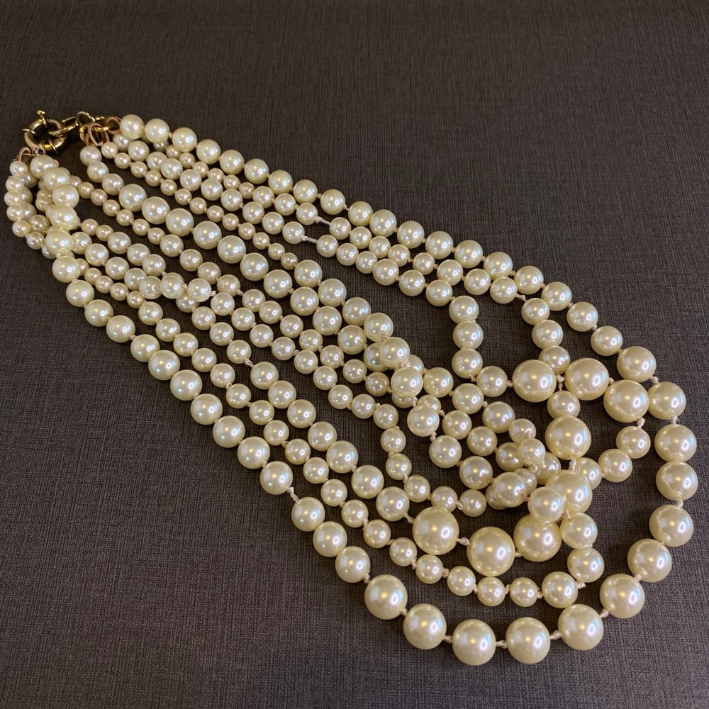 J Crew Necklace 5 Strand Faux Pearl Tiered Statement Cream Gold Tone 21"